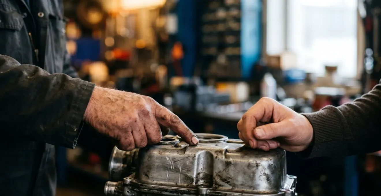 Interaction professionnelle entre mécanicien et client autour d'un diagnostic automobile
