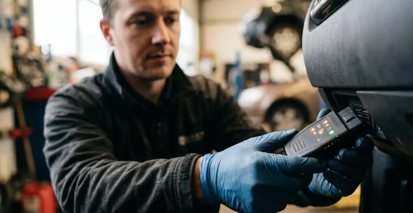 Technicien vérifiant l'état de santé d'une batterie de véhicule électrique via diagnostic professionnel