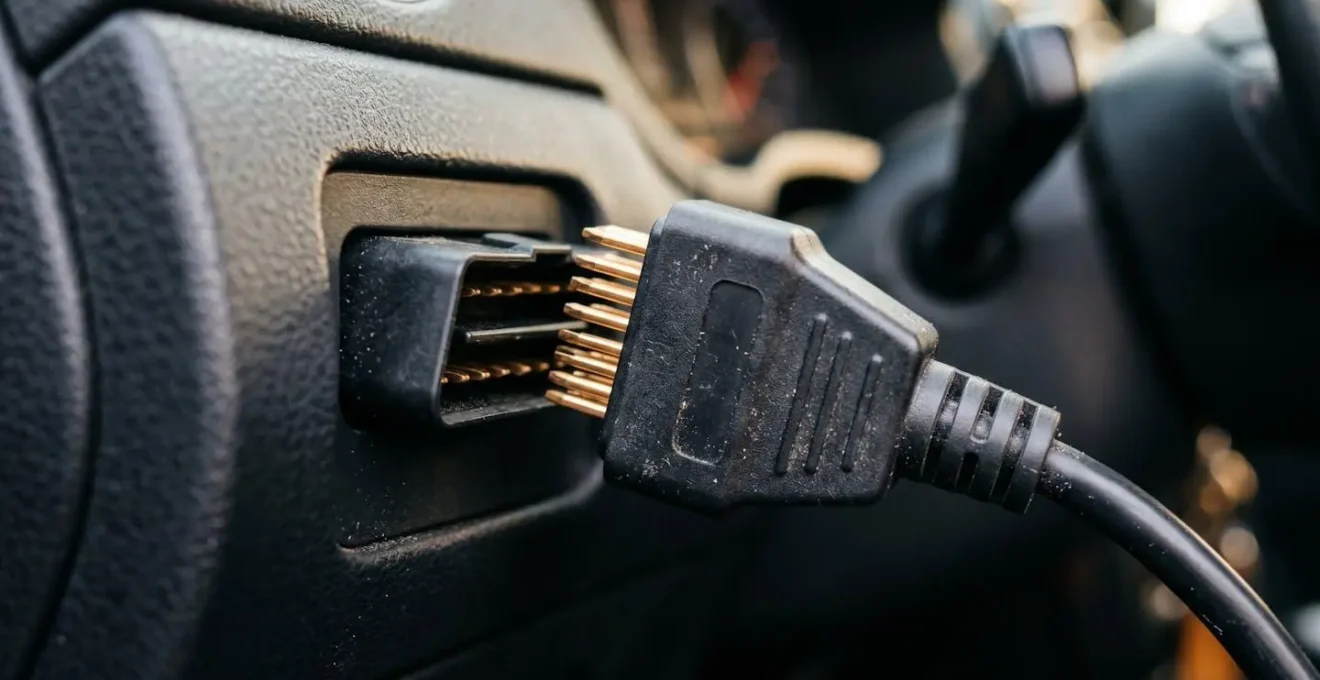 Gros plan sur un connecteur de diagnostic automobile branché sur le port OBD d'un véhicule pour extraction de données moteur