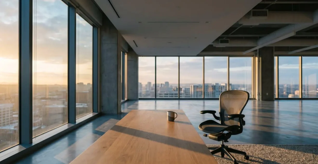 Vue environnementale minimaliste d'un bureau vide au lever du soleil symbolisant les créneaux horaires stratégiques