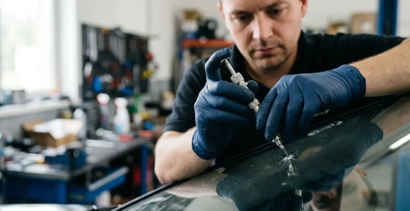 Technicien effectuant une injection de résine sur un impact de pare-brise en atelier avec lumière naturelle