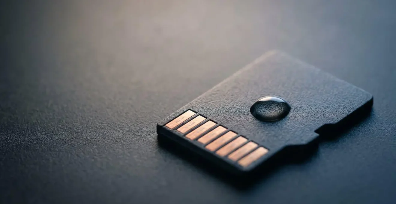 Gros plan macro sur une carte mémoire numérique symbolisant les données certifiées et l'horodatage sécurisé