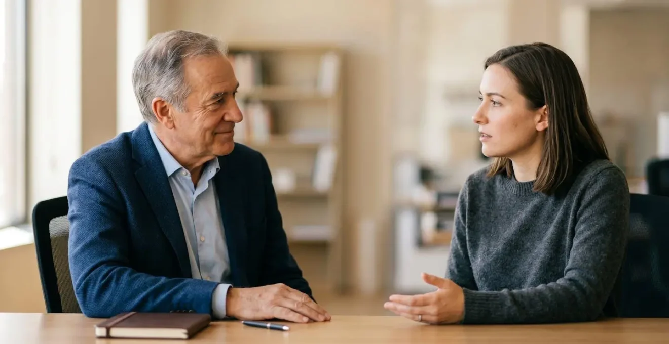 Scène de conseil personnalisé entre deux personnes dans un environnement professionnel chaleureux
