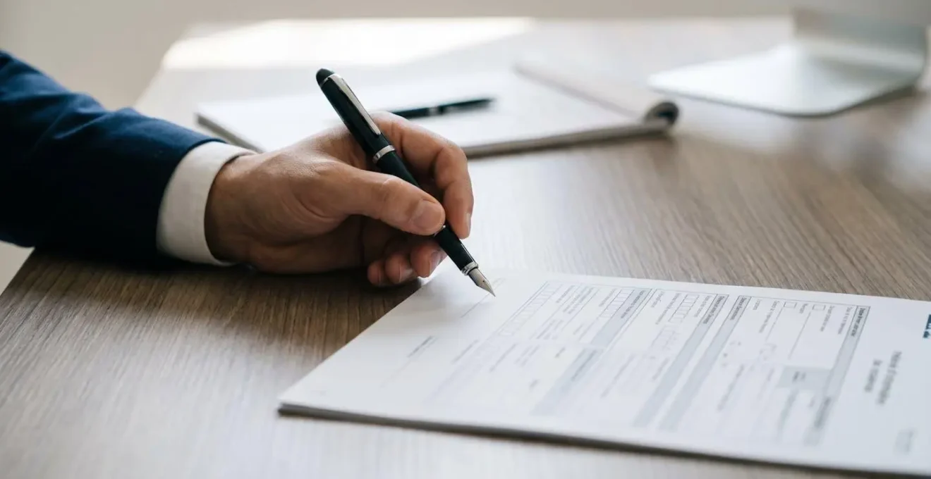 Main tenant un stylo au-dessus d'un formulaire de relevé d'information d'assurance automobile vierge prêt à être complété