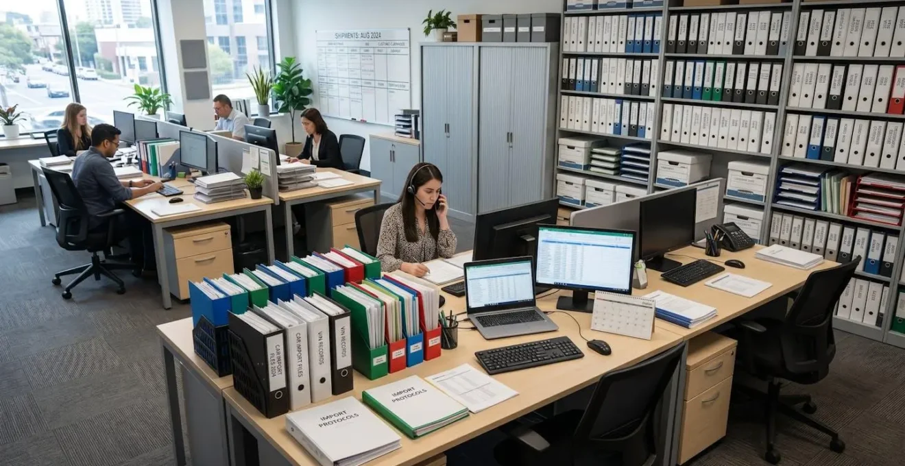 Vue d'ensemble d'un bureau avec des dossiers d'importation automobile et documents administratifs soigneusement organisés
