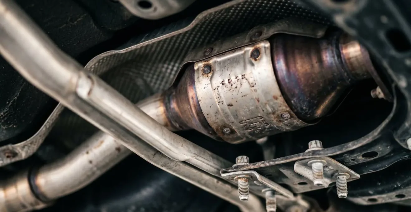 Vue rapprochée du dessous d'une voiture hybride montrant le système de protection du catalyseur avec dispositif antivol