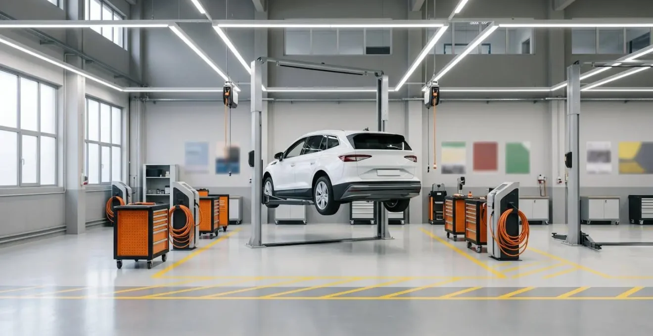 Atelier de carrosserie spécialisé pour véhicules électriques avec équipement de sécurité haute tension