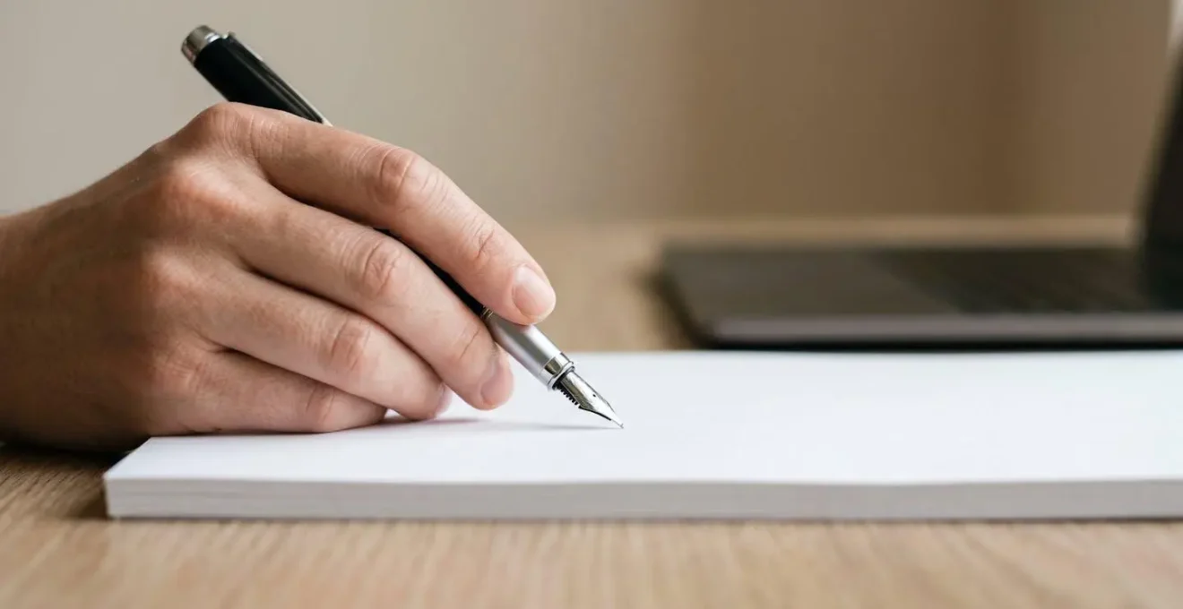 Main tenant un stylo au-dessus d'un document administratif vierge avec éclairage naturel doux