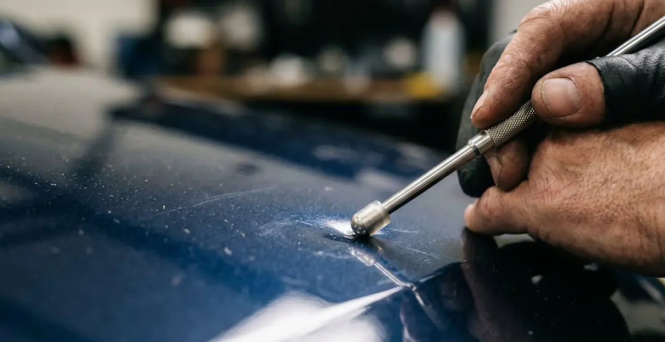 Technicien spécialisé effectuant un débosselage sans peinture sur une carrosserie grêlée avec des outils professionnels