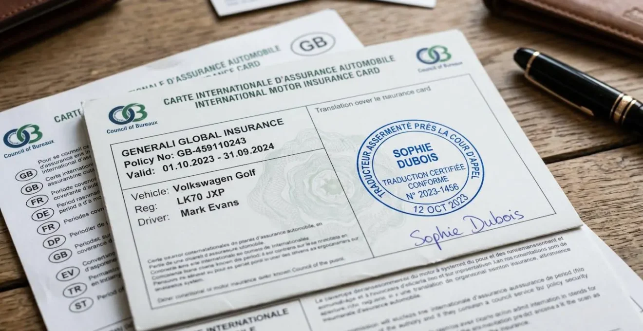 Gros plan sur des documents officiels d'assurance automobile internationale avec cachet de traducteur assermenté