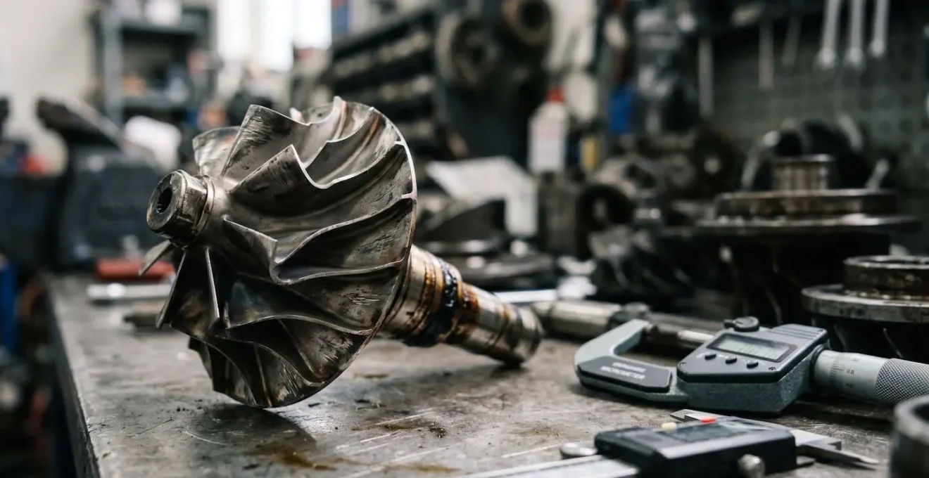 Vue rapprochée d'un turbocompresseur automobile démonté montrant des traces d'usure sur les pales de turbine et l'axe central