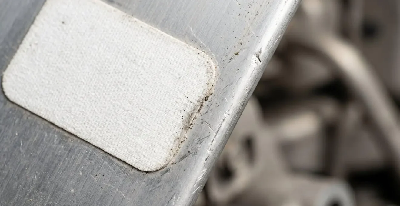Détail macro d'une vignette d'assurance blanche fixée sur la structure métallique d'un engin de déplacement personnel
